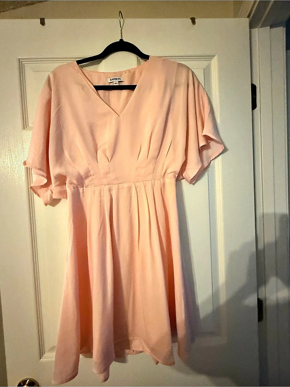 Express Satin Surplice Flutter Sleeve Fit And Flare Dress Pink Small